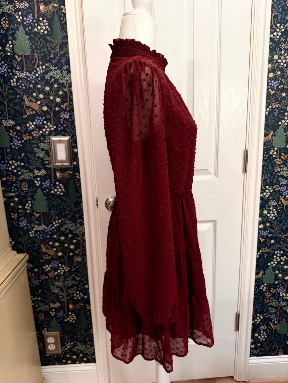 Altar'd State Wine Red Swiss Dot Long Sleeve Tiered Dress - Picture 3 of 7